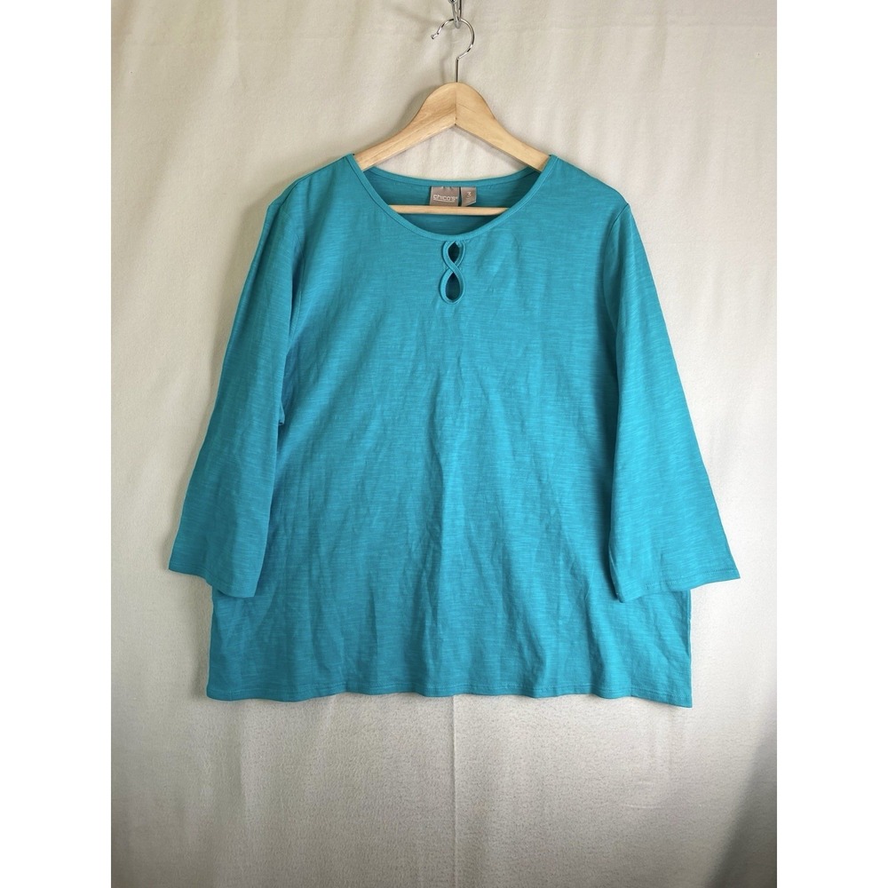 Chico's Knit Top Womens 3 Turquoise Keyhole Neck 3/4 Sleeve Casual Cotton